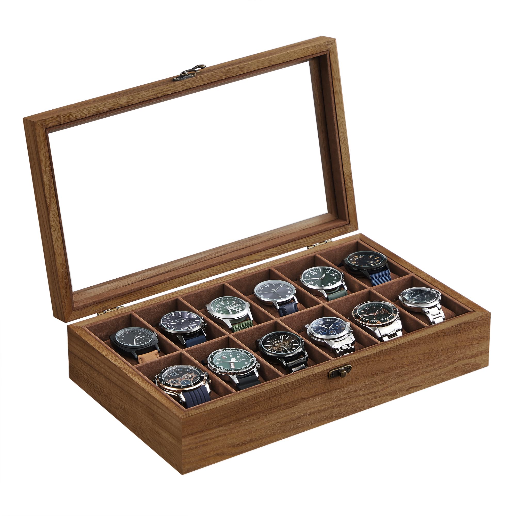 Songmics Rustic Walnut Watch Box With 12 Slots, Watch Case, Solid Wood Watch Box Organiser With Large Glass Lid, Watch Display Box With Removable Pillows, Gift Idea, Jow120k01
