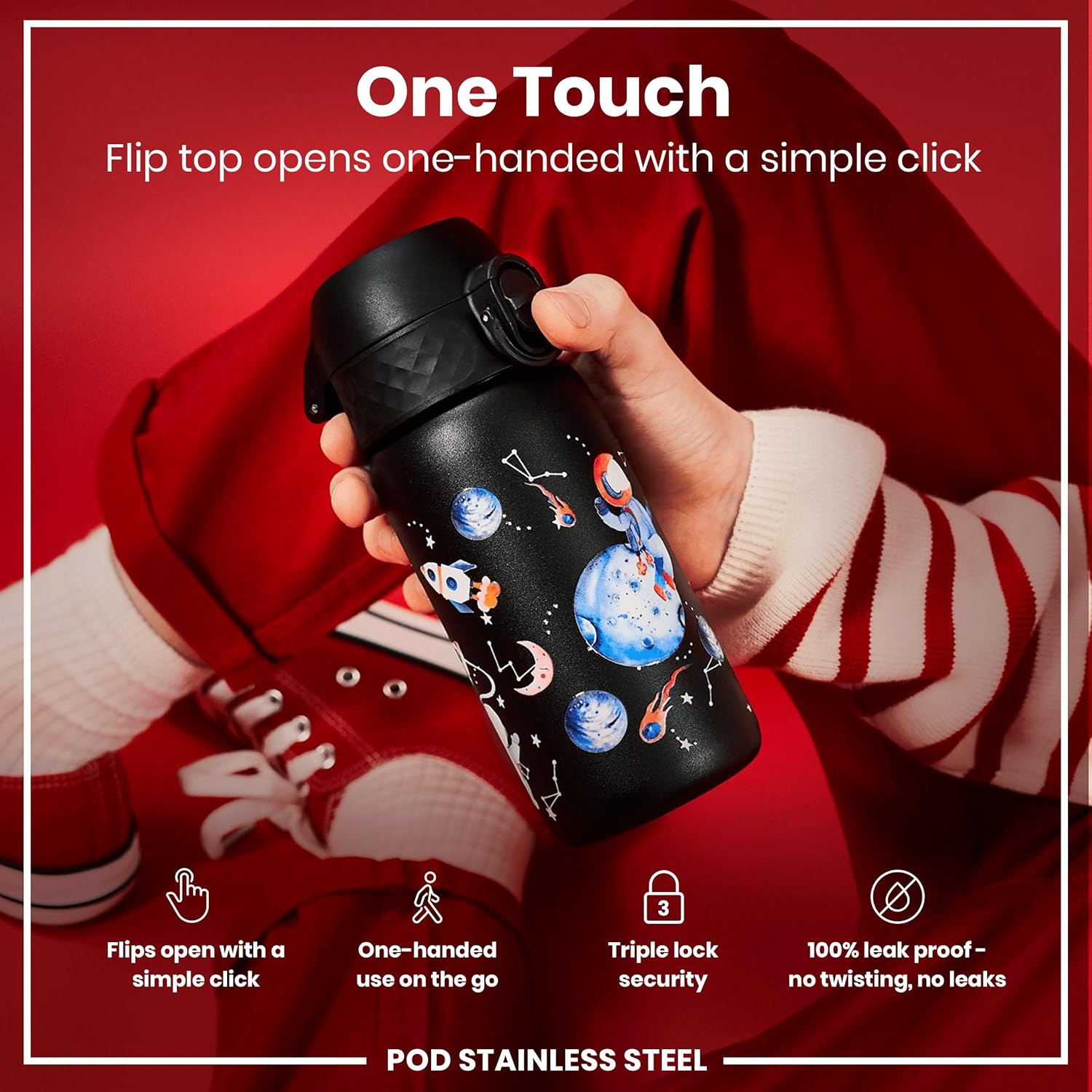 Ion8 Kids Water Bottle, Steel 400 ml/13 oz, Leak Proof, Easy to Open, Secure Lock, Dishwasher Safe, Flip Cover, Carry Handle, Easy Clean, Durable, Scratch Resistant, Raised Print, Space Travel Design - Image 3