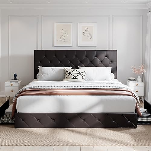 Miniatura 3 de SHA CERLIN Base de cama tapizada tamaño King con 4 cajones cabecera ajustable con diseño de botón de diamante de piel sintética soporte de listones