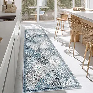 KILOCOCO 2.6x8 Runner Rug, Moroccan Super Soft Washable Hallway Entryway Rug, Accent Print Faux Wool Kitchen Rug 8 Ft Non-Slip Boho Carpet for Laundry Bedroom, Blue/Multi
