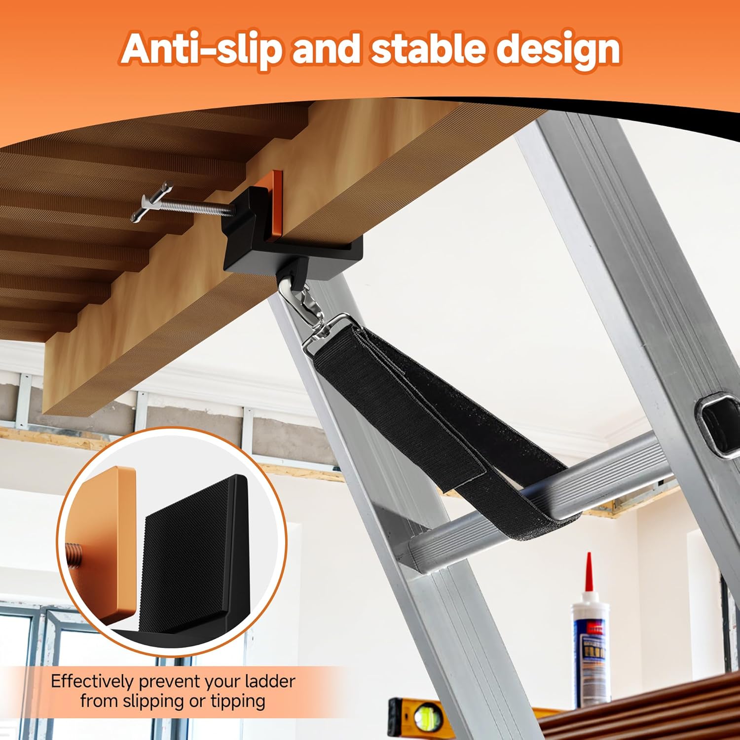 Ladder Stability Anchor | Ladder Safety Devices Kit for Anti-Slip Fall Protection | Ladder Secure Clamps with 2FT & 3FT Rack Straps