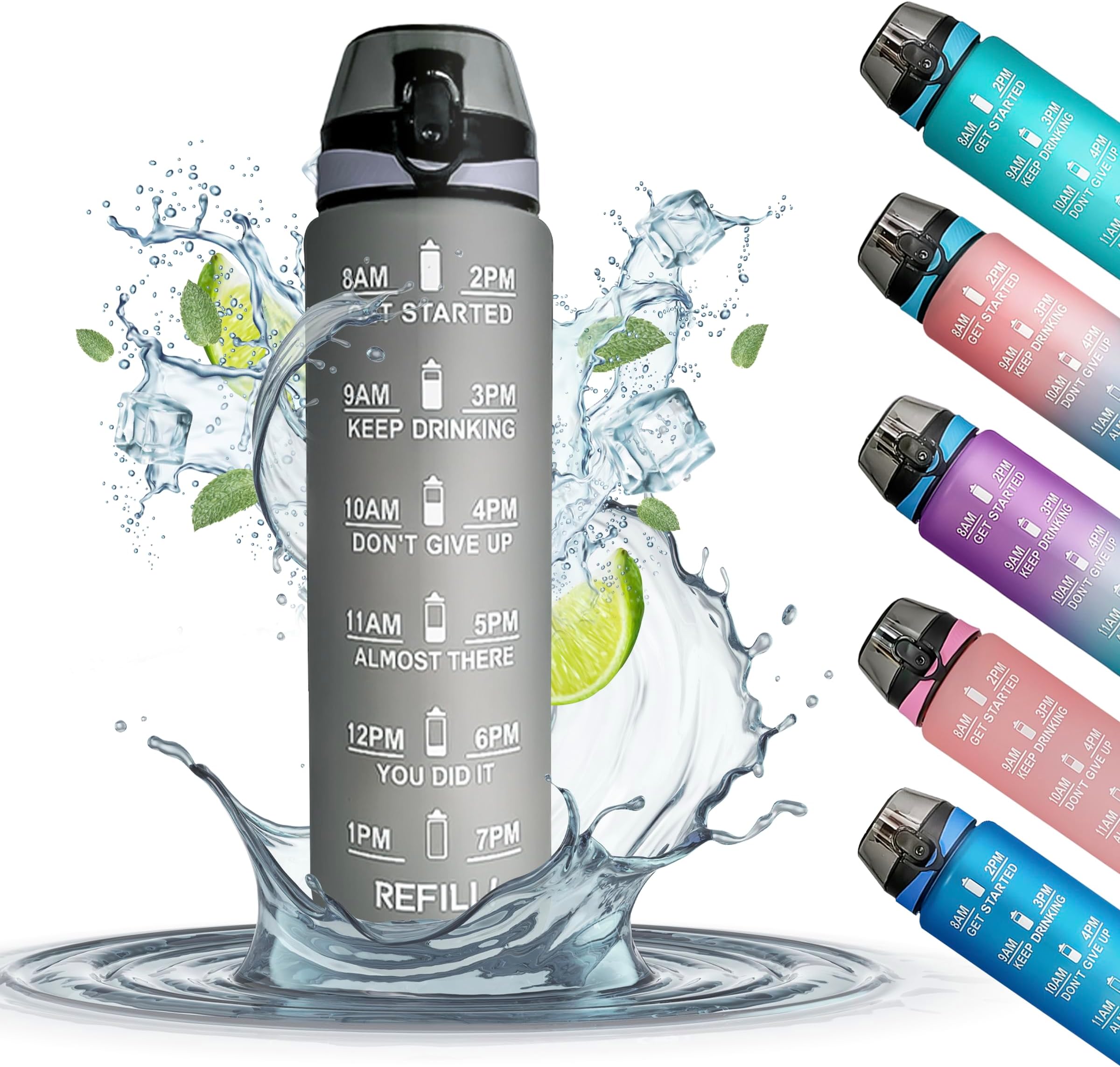Active 100 1 Litre Water Bottle With Time Markings, BPA Free and Non-Toxic Drinks Bottle, Leakproof Sports Water Bottle 1l For Gym Bottle, Running Bottle, Cycling, School and Office