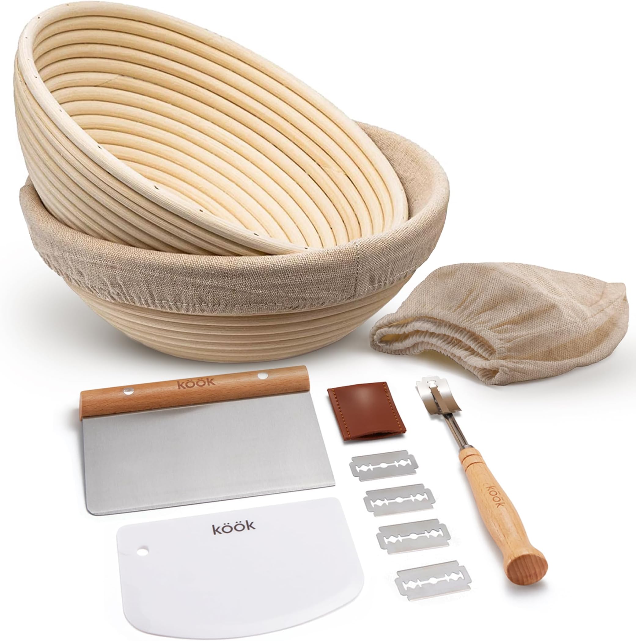 Kook Banneton Bread Proofing Set, Artisan Sourdough Bread Making Kit, 9 Inch Handwoven Rattan Baskets and Liners, Metal & Plastic Dough Scrapers, Scoring Lame & Case, 4 Extra Blades, Set of 2, Round