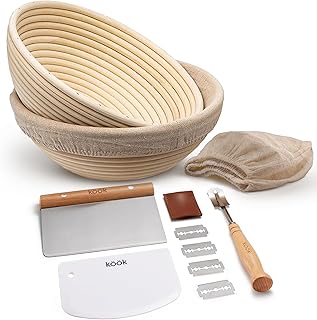 Kook Banneton Bread Proofing Set, Artisan Sourdough Bread Making Kit, 9 Inch Handwoven Rattan Baskets and Liners, Metal & Plastic Dough Scrapers, Scoring Lame & Case, 4 Extra Blades, Set of 2, Round