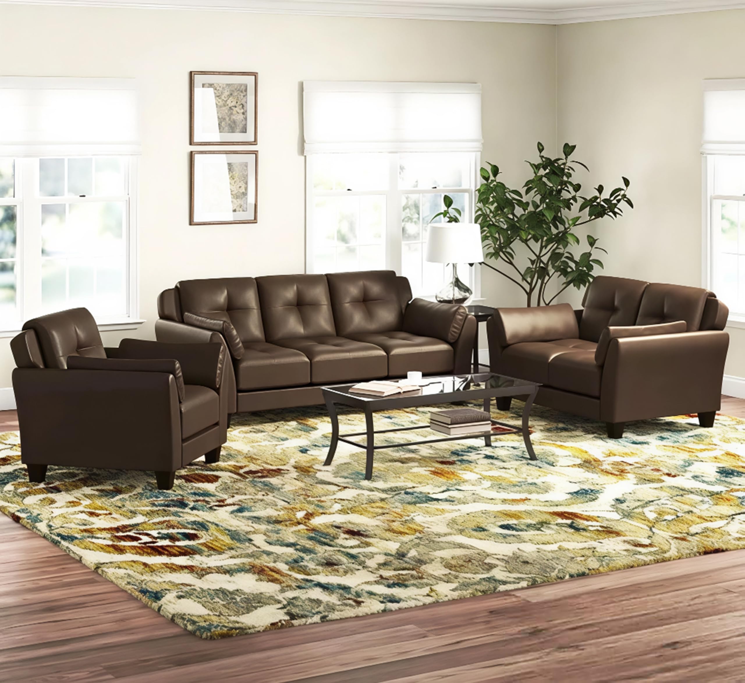 Homeify Harlow Wooden 5- to 6-Person Sofa 3+2+1 Leather Sofa Set for Living Room (Leatherette,Dark Browne)