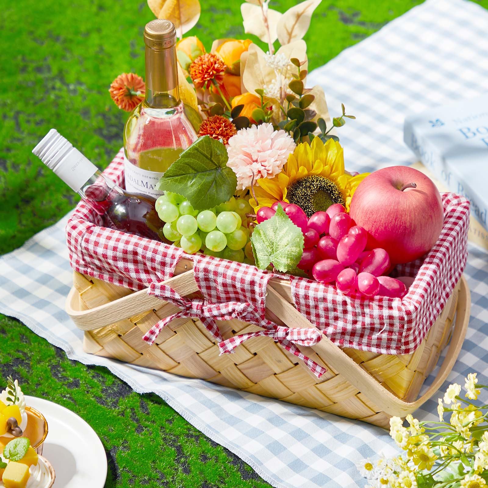 Sintuff Picknickkörbe mit Griff, handgewebter Erntekorb mit rotem und weißem Gingham-Decken-Innenfutter, Ostern, Holz, leere Körbe für Geschenke, Blumen, Eier, Süßigkeiten, Aufbewahrung, Organisation