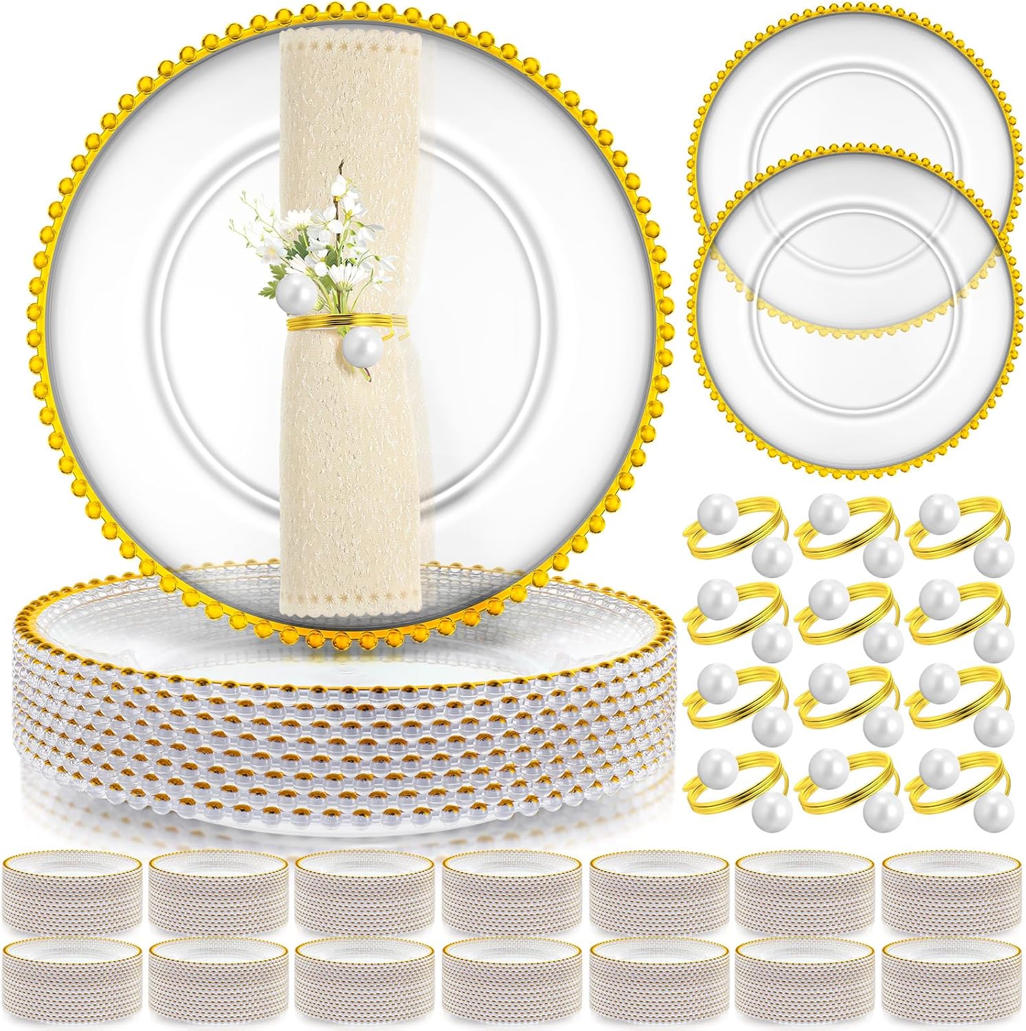 Tioncy 50 Set Clear Charger Plates Bulk 50 Beaded Plastic Charger Plates 13 Inch, 50 Napkin Rings, Acrylic Round Dinner Table Decorative Plate for Wedding Party Event(Clear and Gold)