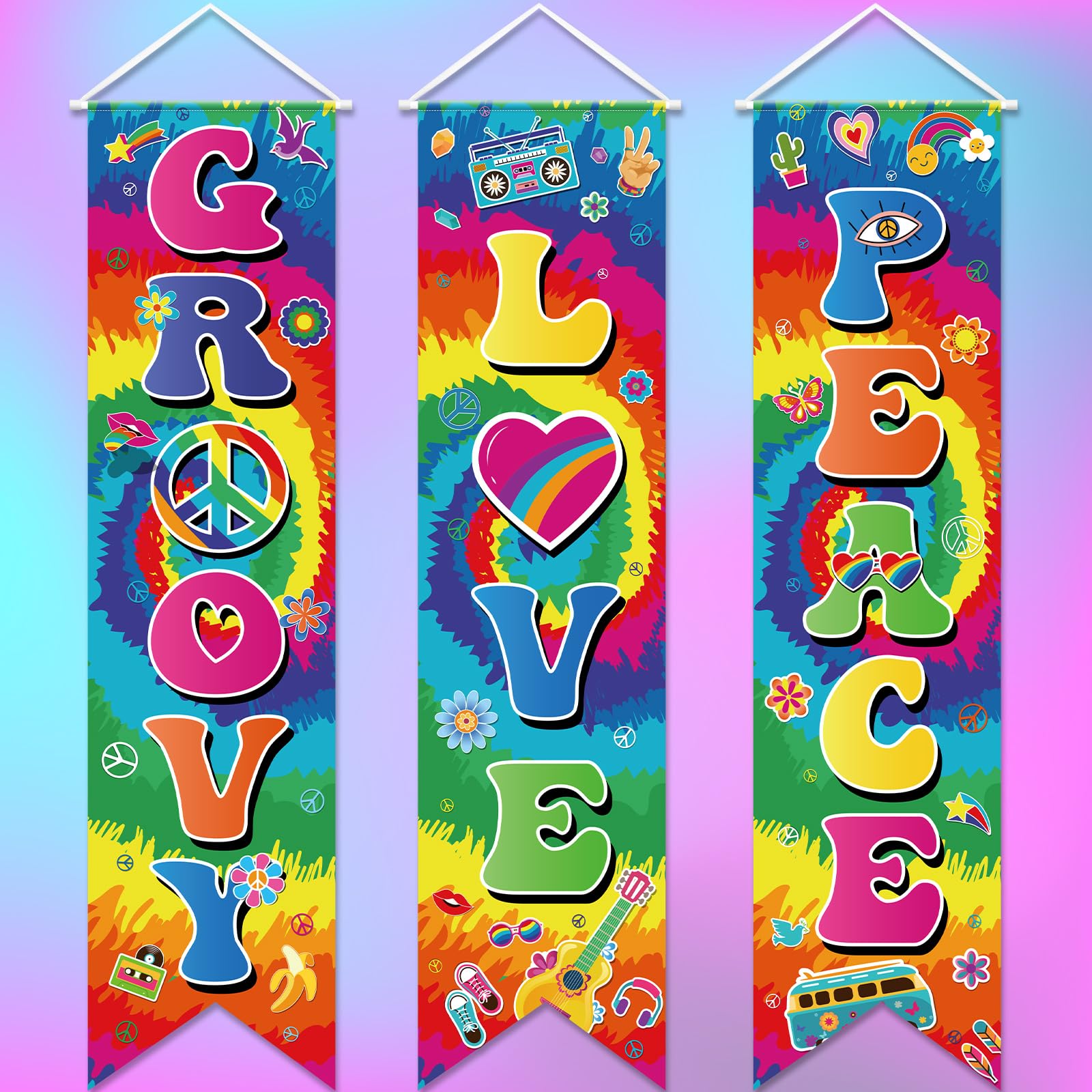 3 Pieces 60s Party Decorations Groovy Love Peace Banners Hippie Proch Signs 1960s Hanging Wall Decor for Retro 60s Theme Party Scene Setters Photography Backdrop Decorations Supplies