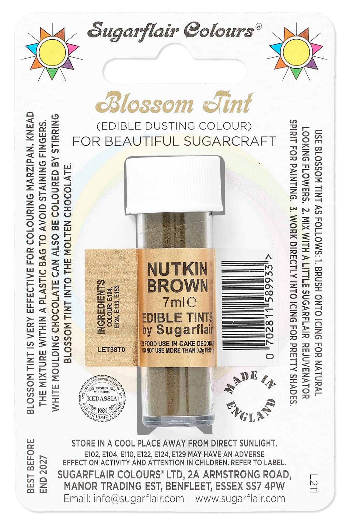 Sugarflair Blossom Tint Nutkin Brown Food Colouring and Dusting Powder, Matt Finish, Brush On or Mix with Rejuvenator Spirit to Create a One of A Kind Cake - 7ml