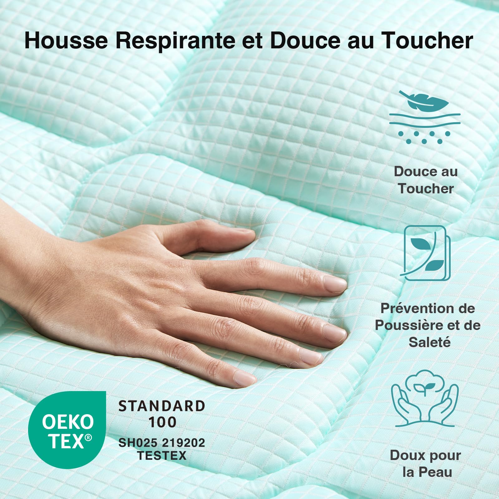 Novilla Surmatelas Rafraîchissant 140x190cm, Tissu Cool Touch, Respirant | Agréable pour la Peau, Bord Élastique 30 cm, Lavable en Machine, Idéal pour les nuits d'été