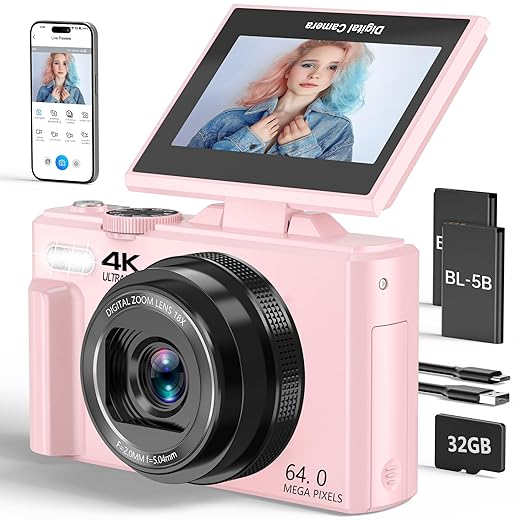 4K Digital Camera for Photography, 64MP Vlogging Camera for YouTube with 3" 180° Flip Screen, 18X Digital Zoom Point and Shoot Camara with 32GB Micro SD Card for Beginner (Light Pink)