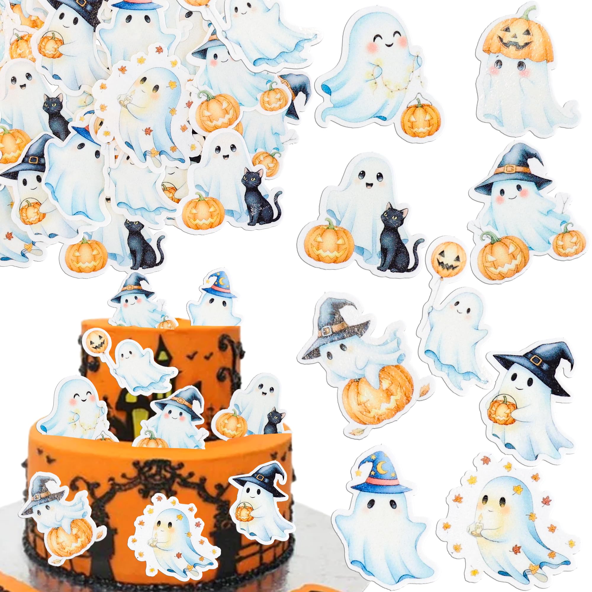 Ephlyn 54Pcs Edible Halloween Cupcake Toppers Wafer Paper Spooky Cat Wizard Hat Pumpkin Cupcake Picks Cat Ghost Cake Decorations for Baby Shower Birthday Halloween Party Supplies White