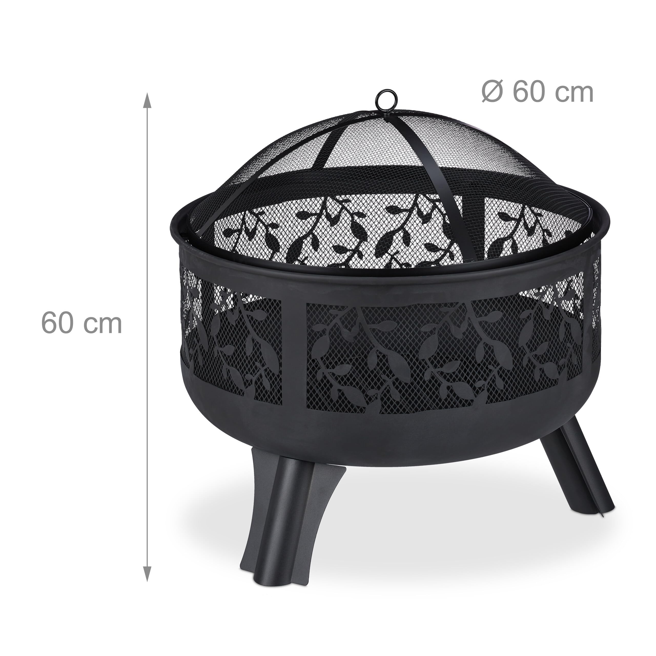 Relaxdays Braciere con Protezione per Scintille, Giardino & Terrazza, con Attizzatoio, Esterno, Outdoor, HxD 60x60, Nero
