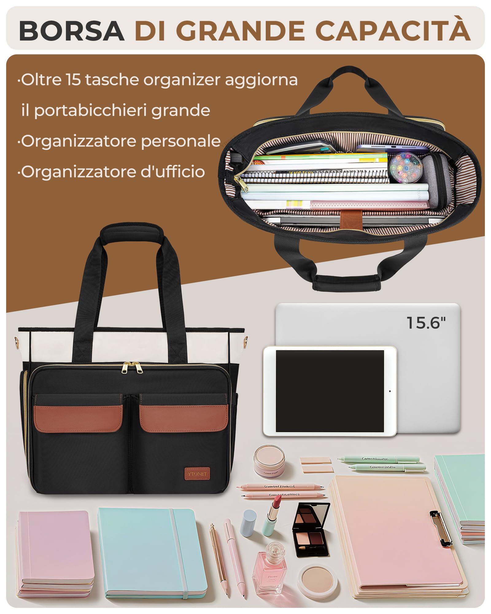 Ytonet Borsa Porta PC Donna 15,6 Pollici, Borsa Lavoro Donna Capiente con Scomparto Imbottito e Organizer a Soffietto, Borse Insegnante Impermeabile per Ufficio, Università, Infermiere, Nero