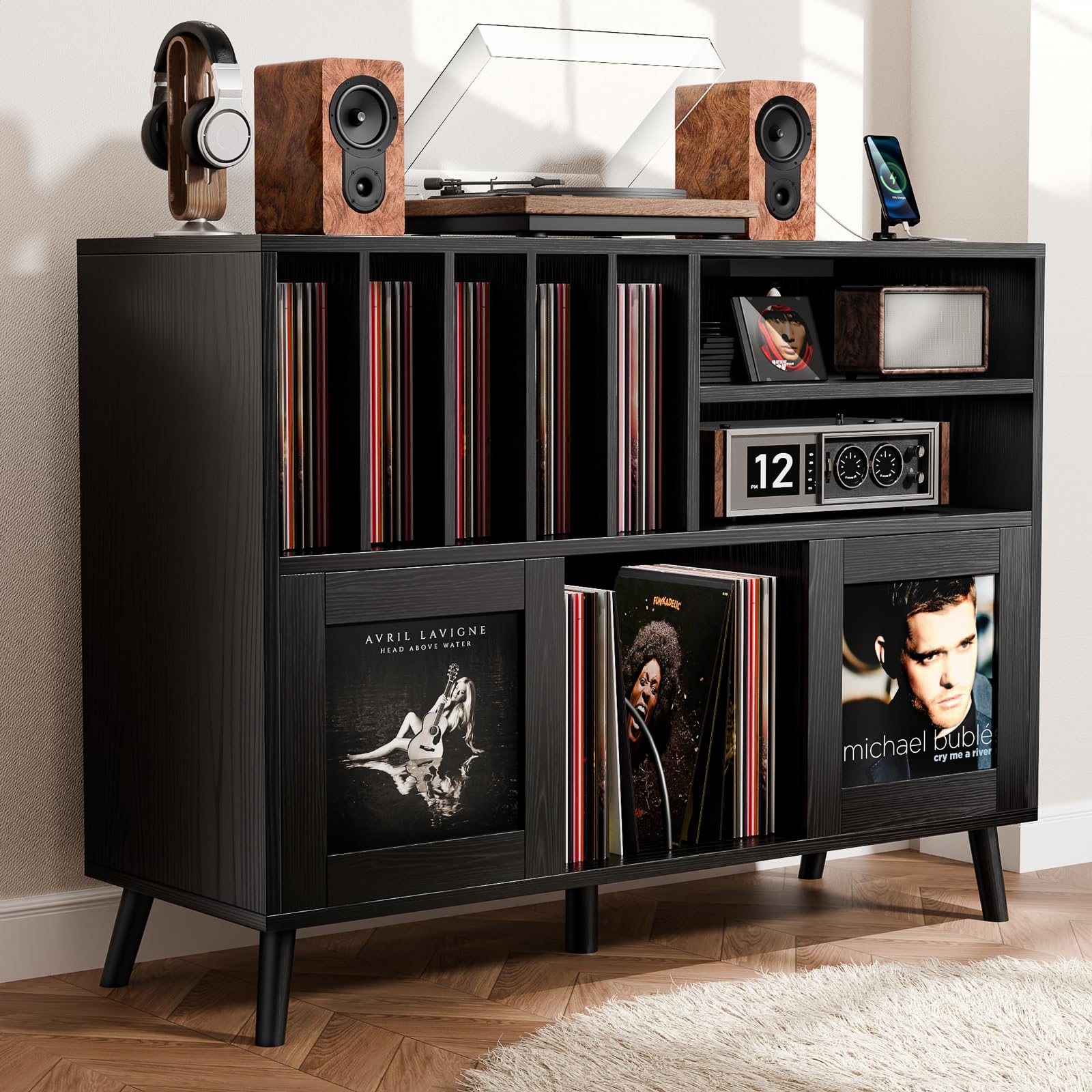 XL Record Player Stand with Sliding Doors,500+ Vinyl Record Storage Cabinet