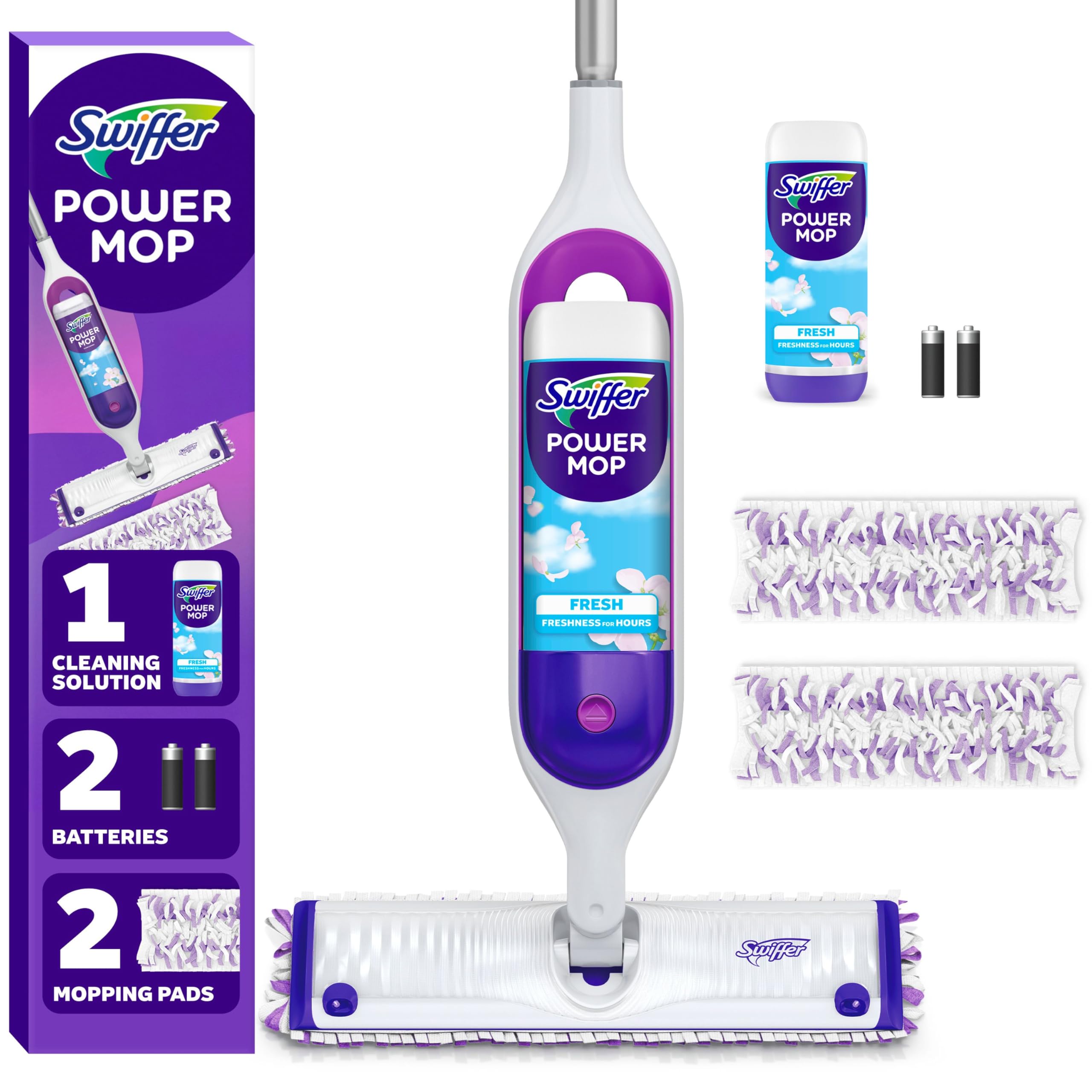 Swiffer PowerMop Multi-Surface Mop Kit for Floor Cleaning, Includes PowerMop, 2 Mopping Pad Refills, 1 Cleaning Solution with Fresh Scent and 2 Batteries