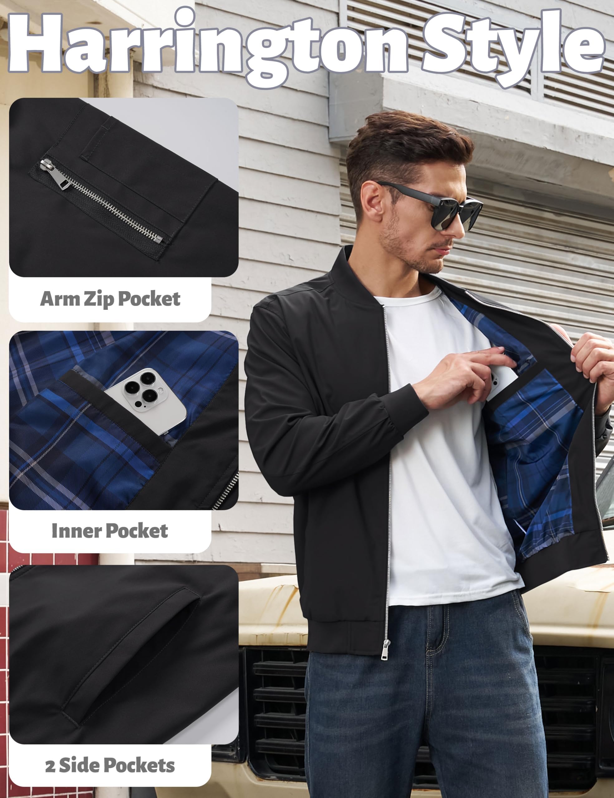TACVASEN Giacca bomber da uomo, elegante, casual, leggera, estiva, elegante, sottile, leggera, impermeabile, antivento, per primavera e autunno, nero, M, Nero , M