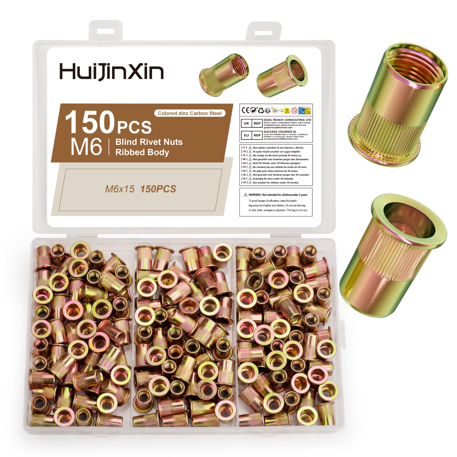 150 Pcs Rivet Nuts Kit, Rivnuts Kit, M6 Flat Head Threaded Insert Nuts, Carbon Steel Threaded Insert Nutsert Blind Rivet Inserts Nut Assortment Set for for Metal Sheets Wood Electrical