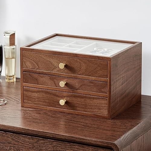 Vista 2 de Joyero de madera de nogal negro para mujer, caja organizadora grande de 3 capas con tapa de vidrio para collares, relojes, collares, anillos