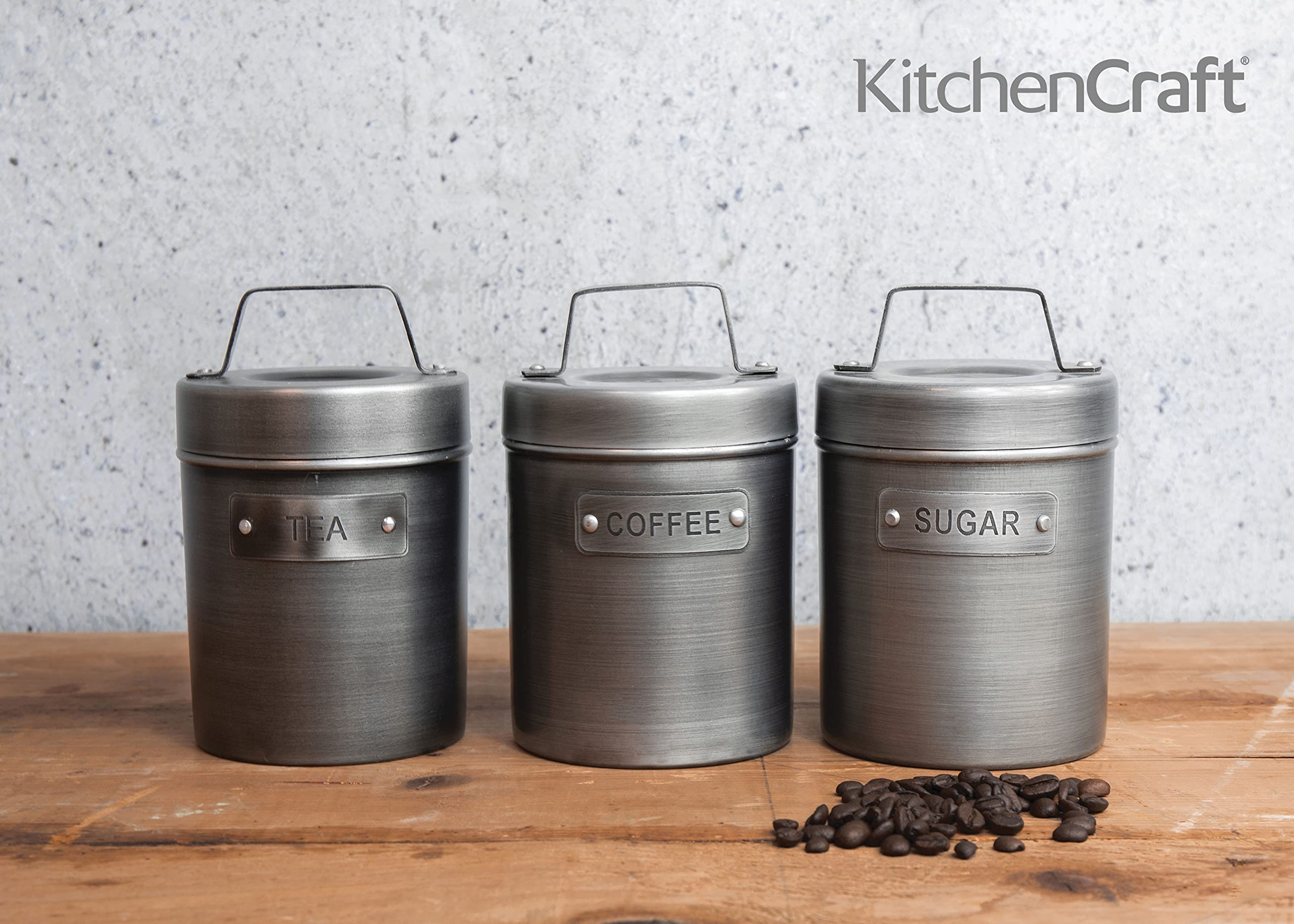 KitchenCraft Industrial Kitchen Set di 3 Barattoli in Metallo, 1 x Tè, 1 x Caffè, 1 x Zucchero, Confezione Regalo Inclusa, Design Vintage, 9 cm x 9 cm x 17 cm