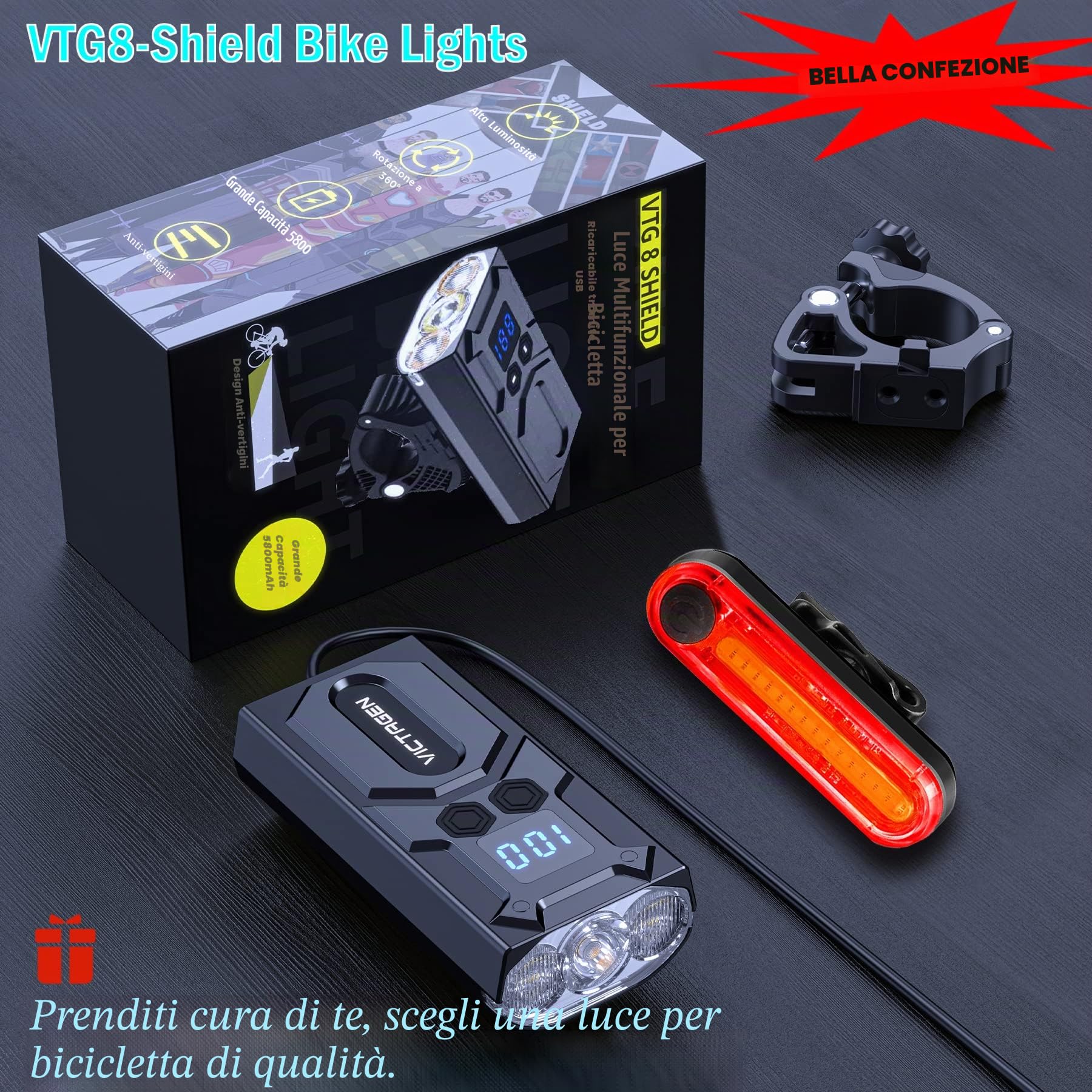 8000 Lumen Luci della bici per l'equitazione notturna, 3 LED Super Bright Luce della bicicletta con fascio abbagliante e luce abbagliante, TypeC Bike Faro Ricaricabile, Fanali posteriori gratuiti