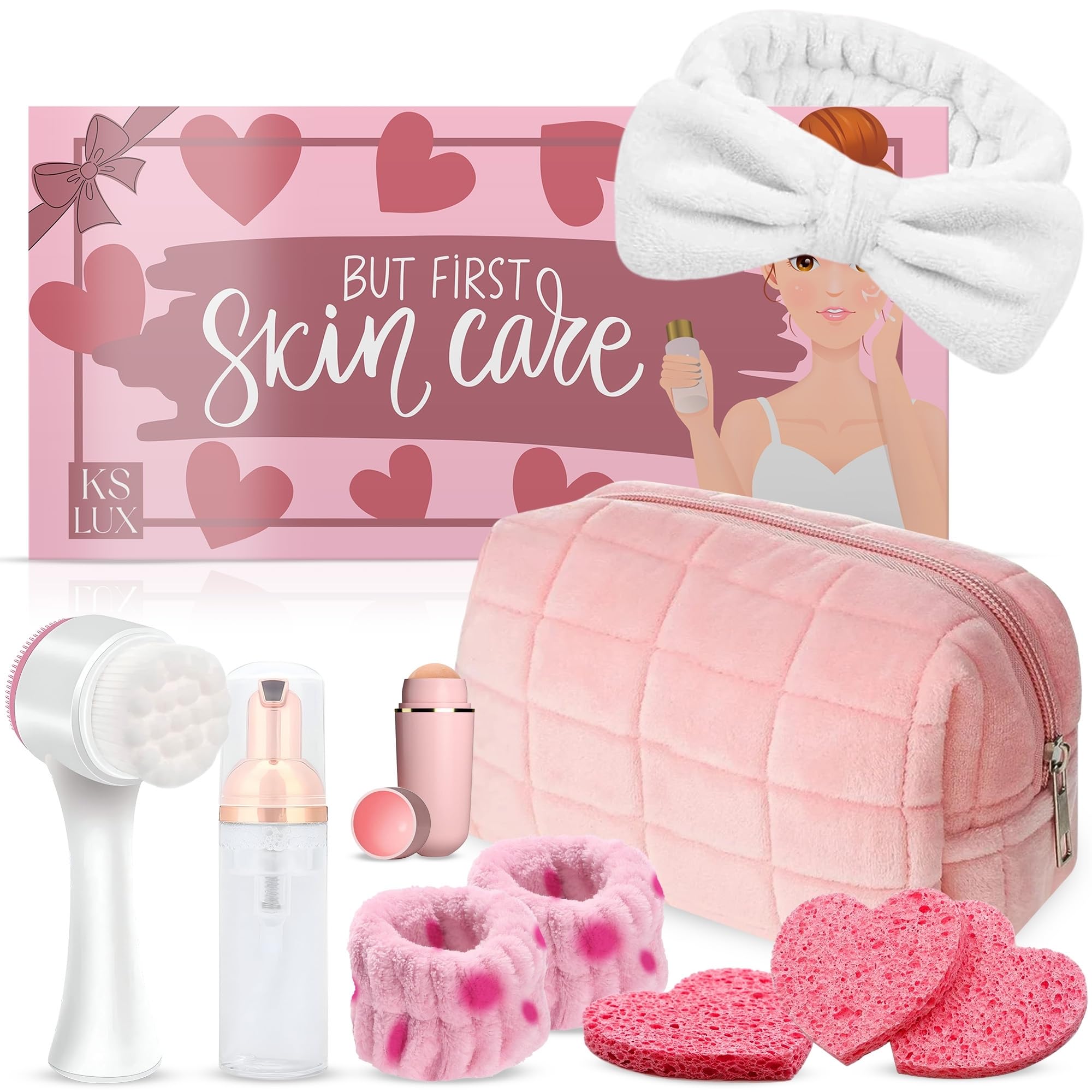 kit skincare ado, skin care, coffret soin visage femme, coffret skincare enfant, skin care coréenne, box cadeau femme original avec brosse nettoyante visage et bandeau cheveux maquillage KS LUX