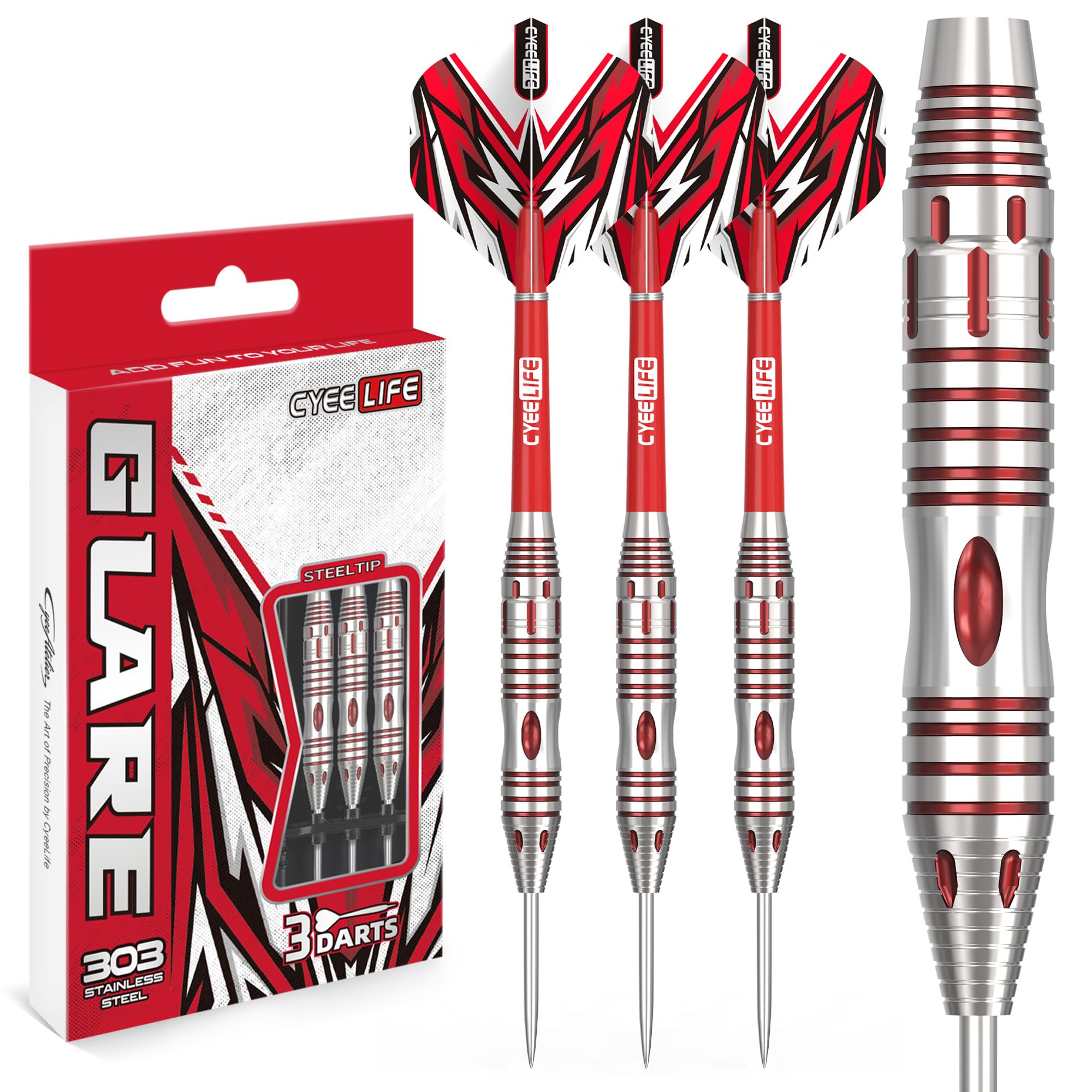 CyeeAtelier Glare Series Steel Tip Set 21g – Professional Steel Darts made of 303 Stainless Steel, incl. Dart Flights,Dart Shafts, Sharpening Stone & Dart Box Dart Gift