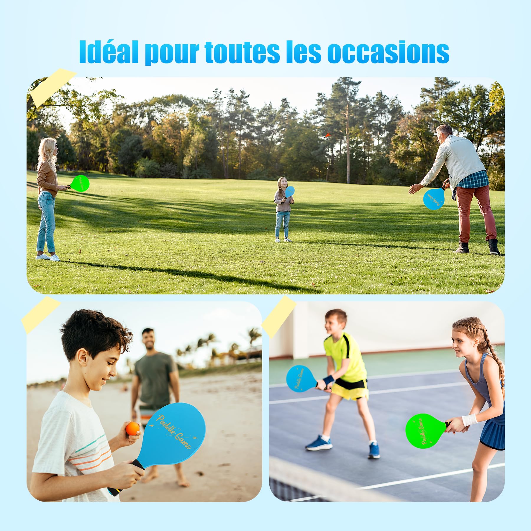 INPODAK Beach Ball Game Set, Beach Ball Racket Set pour Enfants, 2 Raquettes, 4 Volants, 2 balles, Jeu de Paddleball, Jeu de Plage pour Les familles(Bleu Vert, 1 Ensemble)