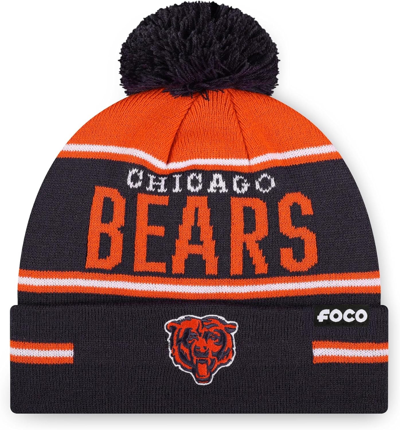 FOCO NFL Team Logo Big Wordmark Stripe Pom Beanie Hat