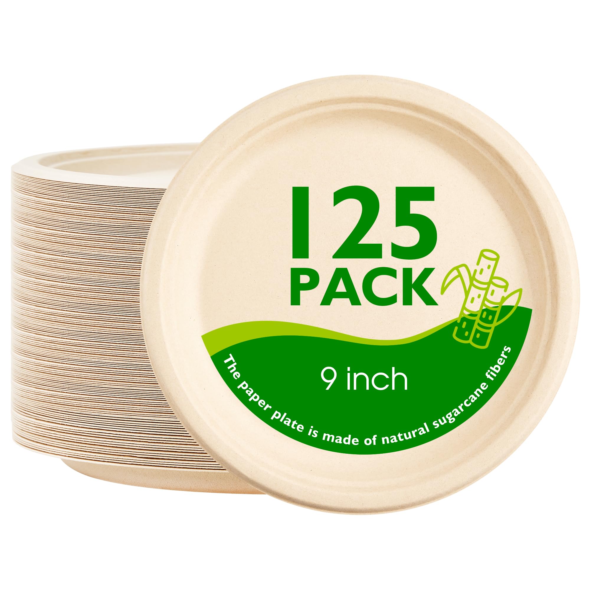 9 Inch 125 Pack Compostable Paper Plates Biodegradable Heavy Duty Disposable Plates Round Unbleached Brown Plates Made from