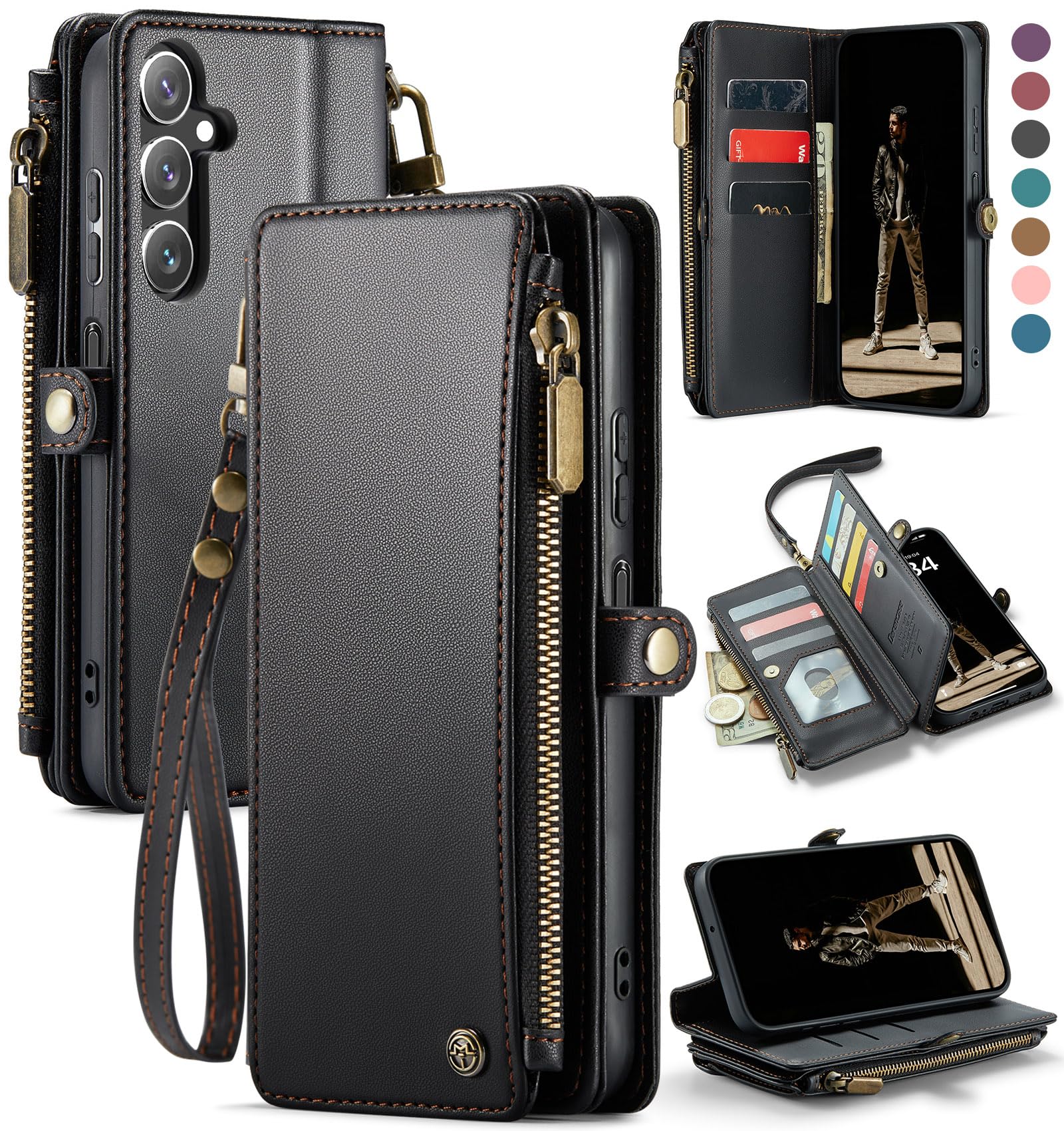 Defencase Compatible with Galaxy A14 5G Case Wallet with RFID Blocking Card Holder for Women Men, PU Leather Magnetic Snap Flip Zipper Strap Wallet