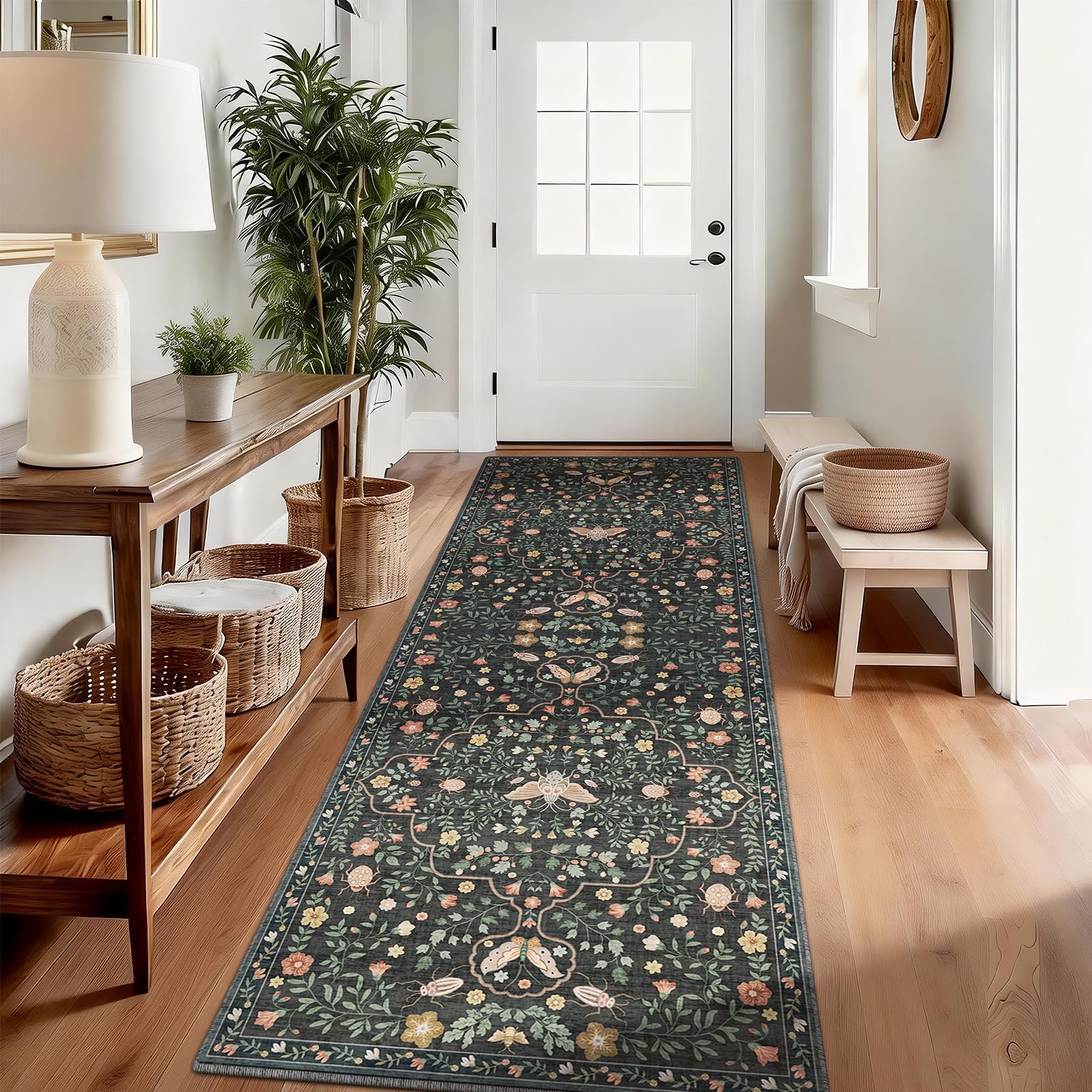 SOANNY Runner Rug, Washable Non Slip Hallway, Charcoal Black, 60x180cm