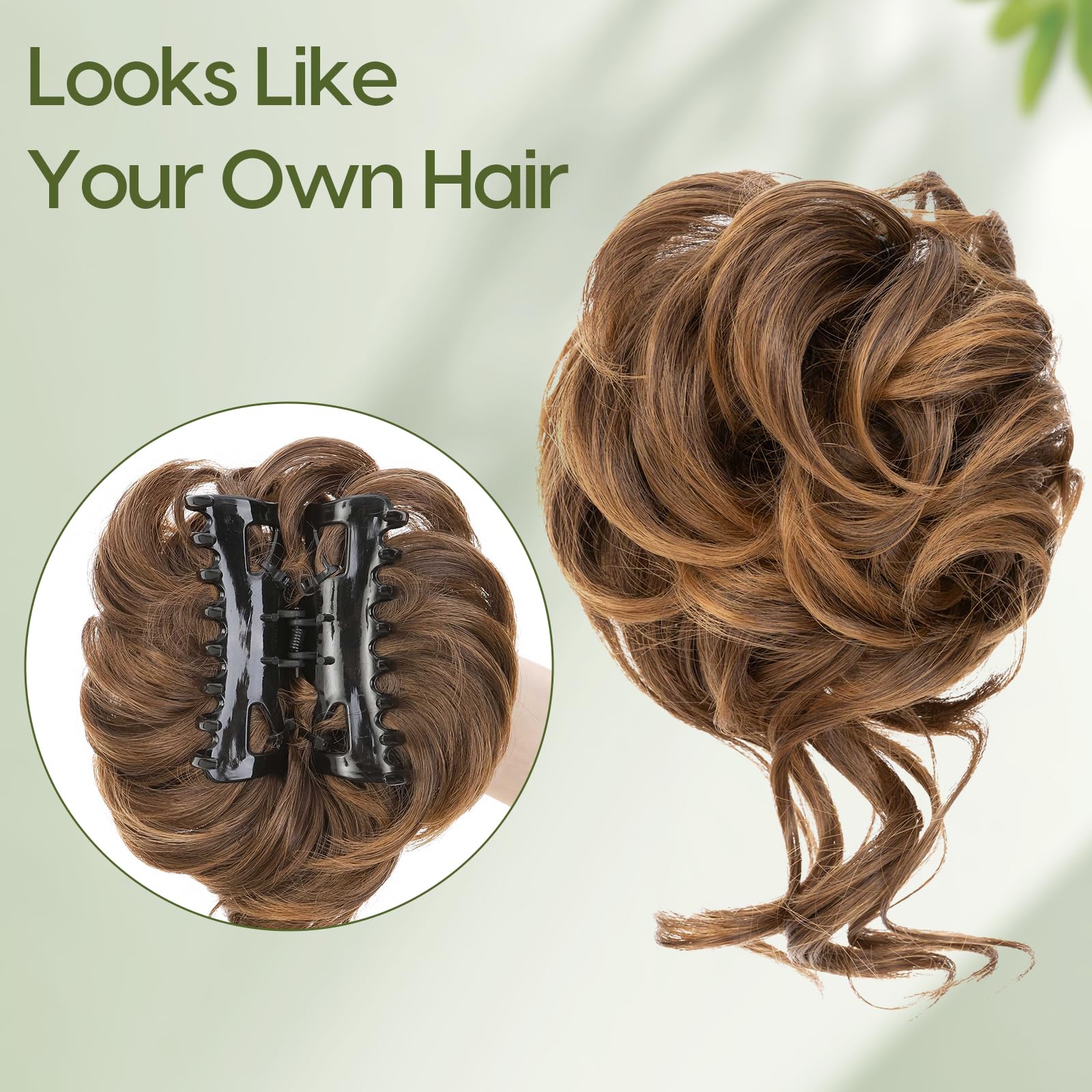 Benehair Messy Bun Hair Piece Wavy Curly Claw Clip Hair Bun Extensions Synthetic Hair Bun Donut Accessories Scrunchies Hair Pieces for Women(Brown with Light Brown - Image 2