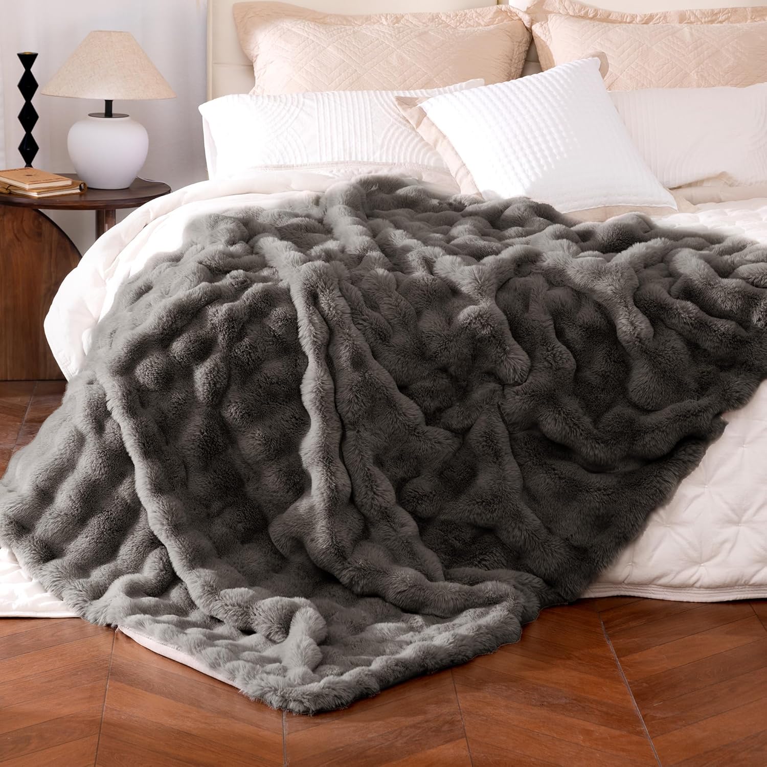 ultra soft cozy faux fur throw blanket, fuzzy plush thick bubble blanket, oversize luxury fluffy blanket for couch, bed, and living room, 60x80 inches, dark grey taupe twin bubble dark grey
