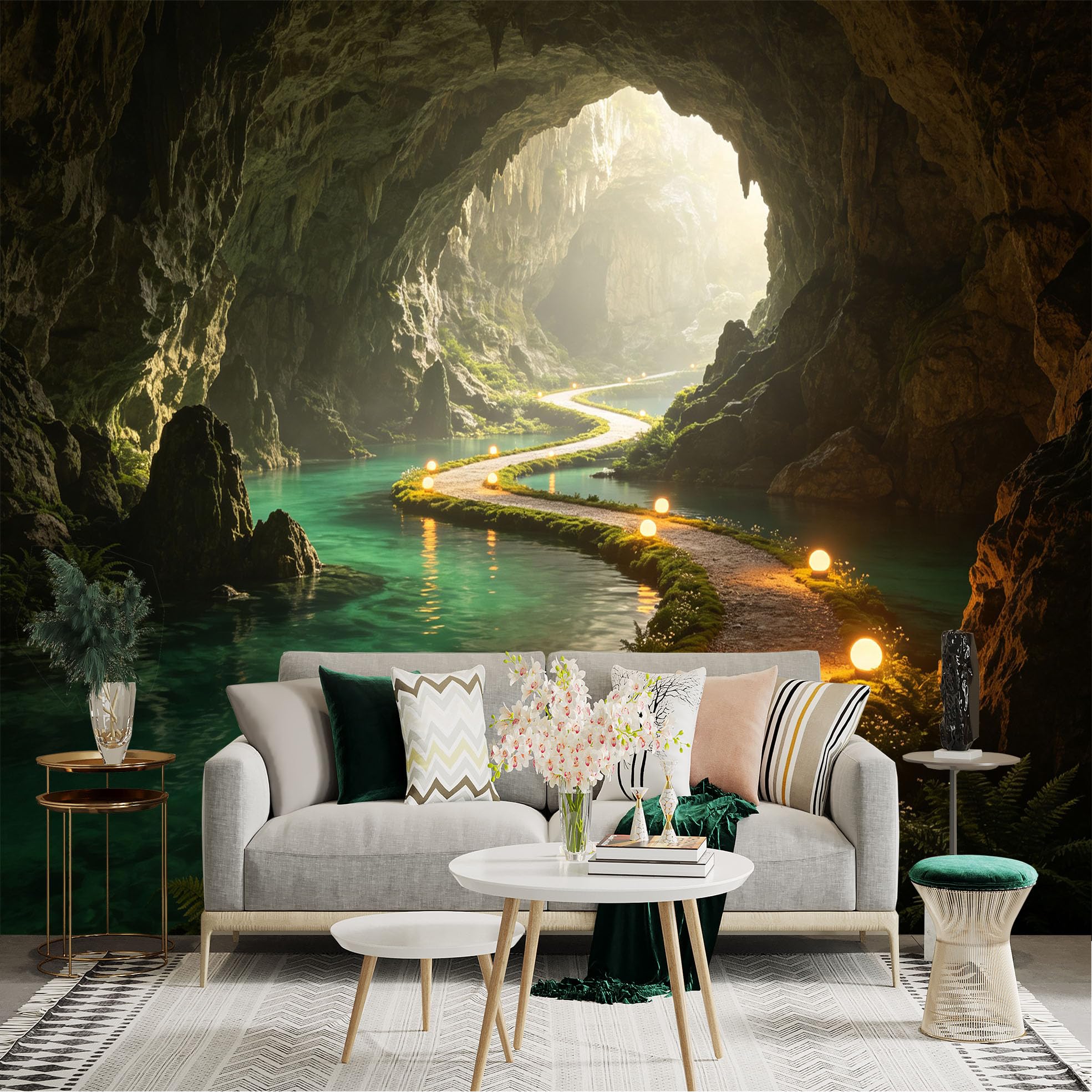 Custom Size Wall Sticker Mural， Mysterious Limestone Cave， Glowing Path with Light Orbs， Underground River Landscape， for wall Decoration， peelandstick wall Decals.
