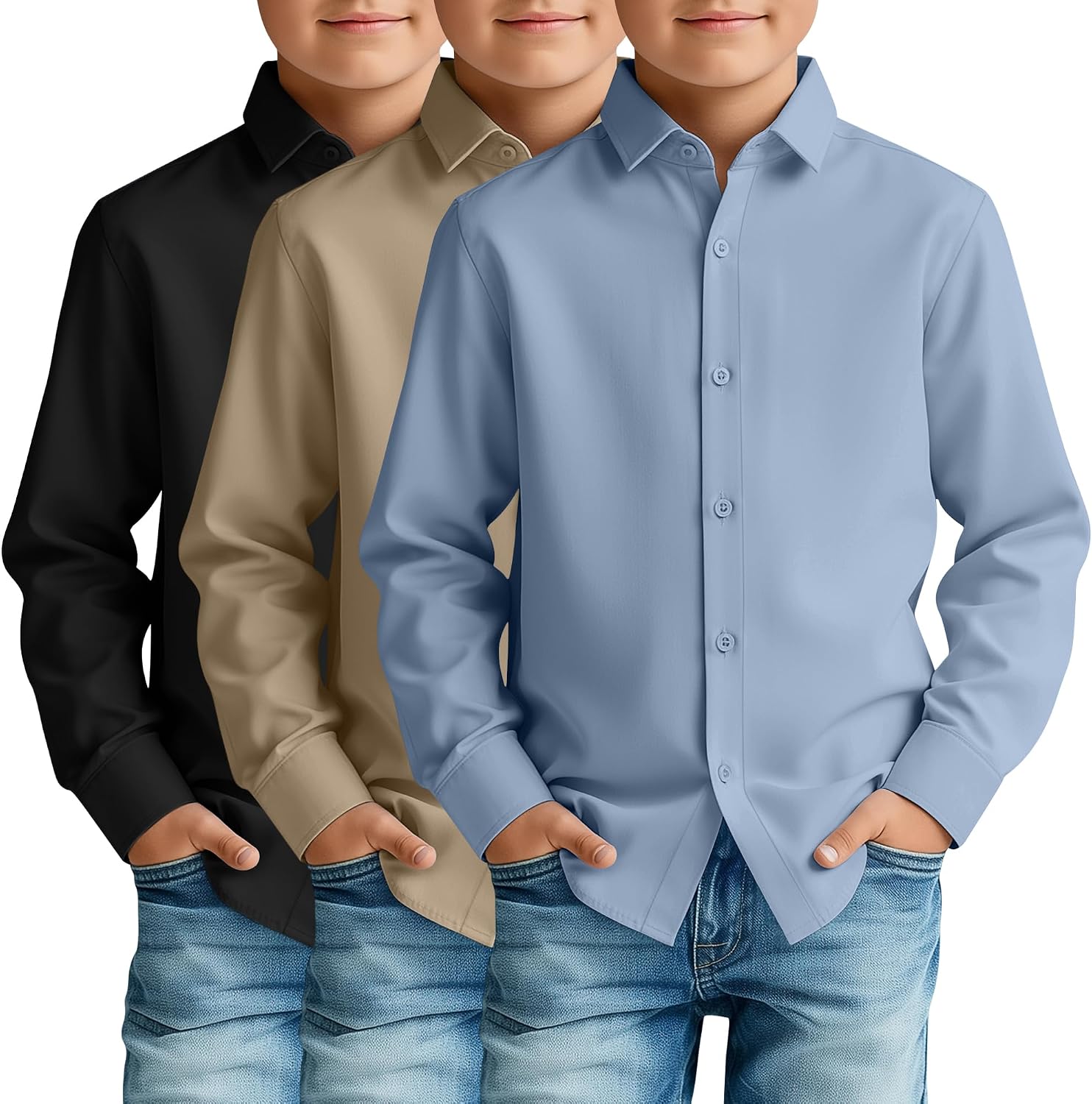 3 Pack Boys' Long Sleeve Dress Shirts Back to School Button Down Shirts Kids Collared Button Up School Uniform Tops