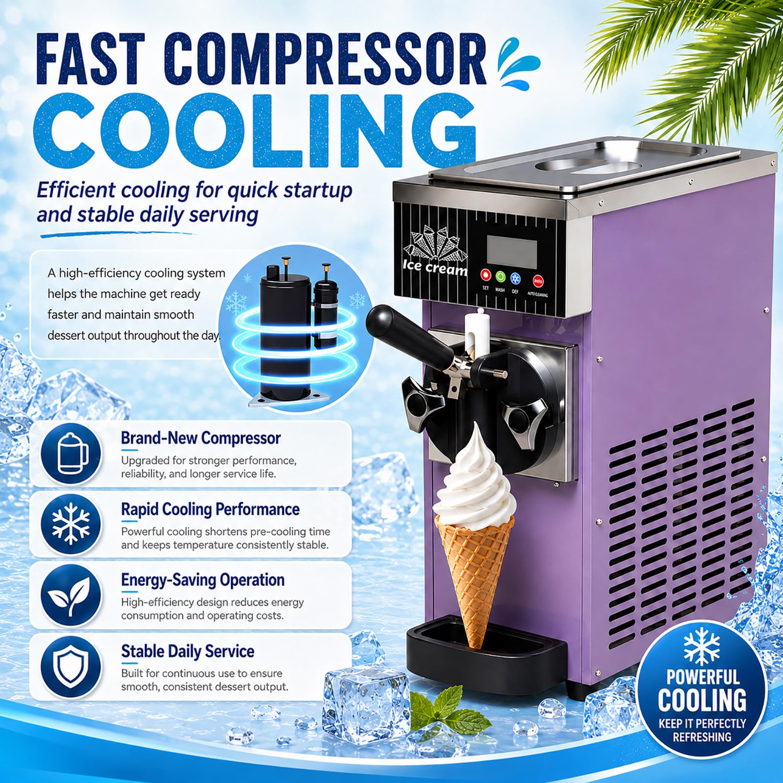 Machine à Glace Italienne de Comptoir - 450 W, Bac 2,5 L, Écran LCD, Nettoyage Auto pour Boutiques Dessert White