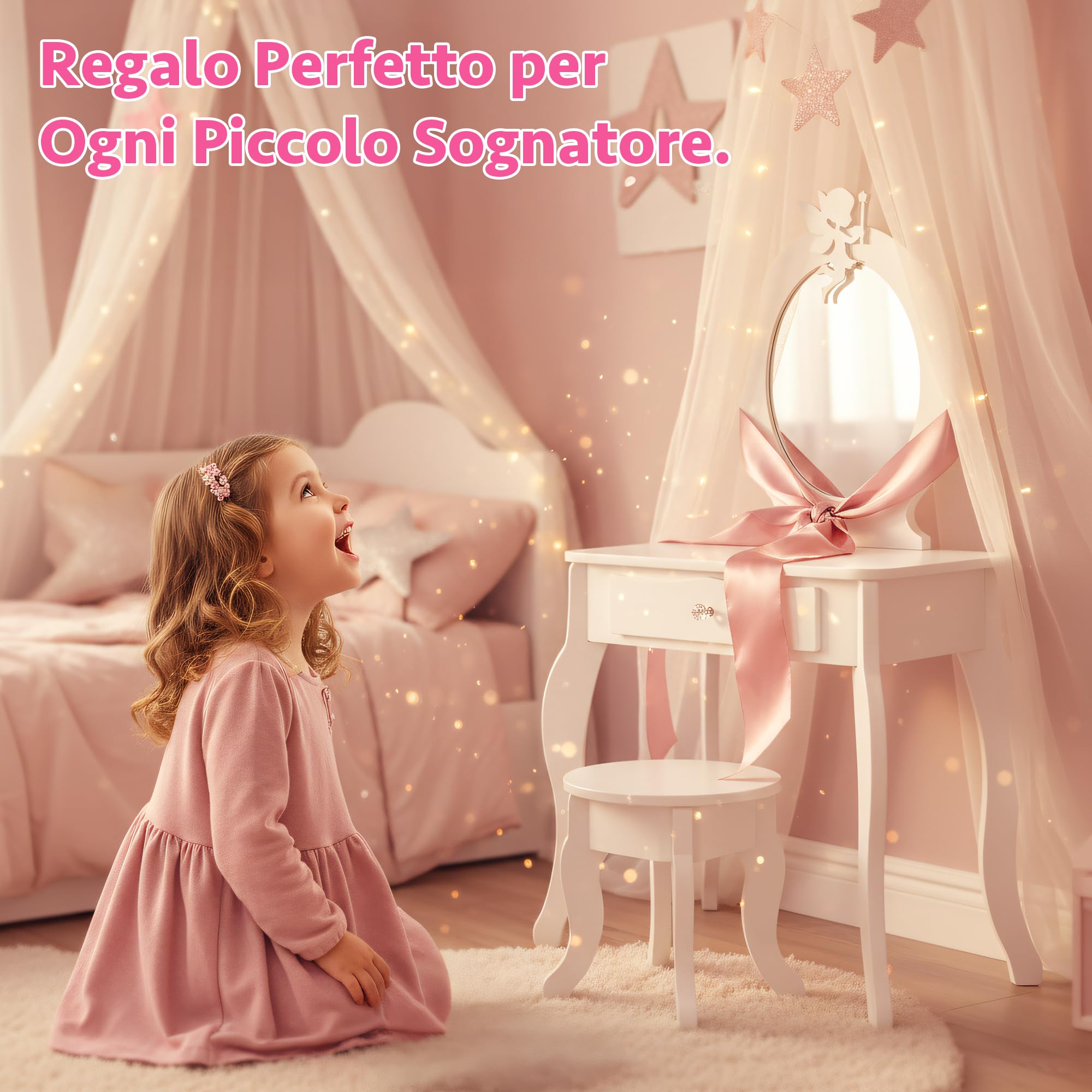 Green series Tavolo da toeletta per bambini in legno con specchio e sgabello, tavolo da toalet con cassetto e adesivi, per bambini, in legno, per la cameretta dei bambini, idea regalo per ragazze