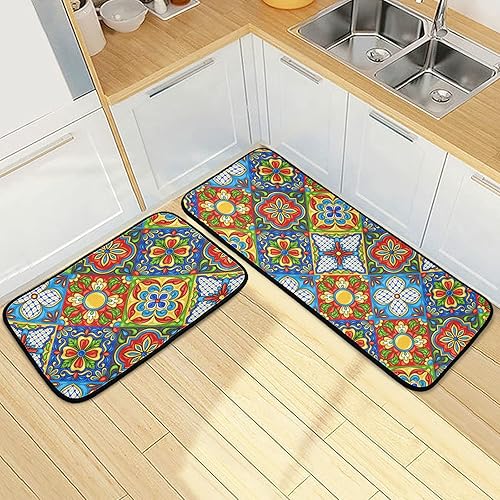 Miniatura 2 de Apular Juego de 2 tapetes de cocina con azulejos de talavera mexicanos, juego de 2 tapetes de cocina antideslizantes acolchados de espuma