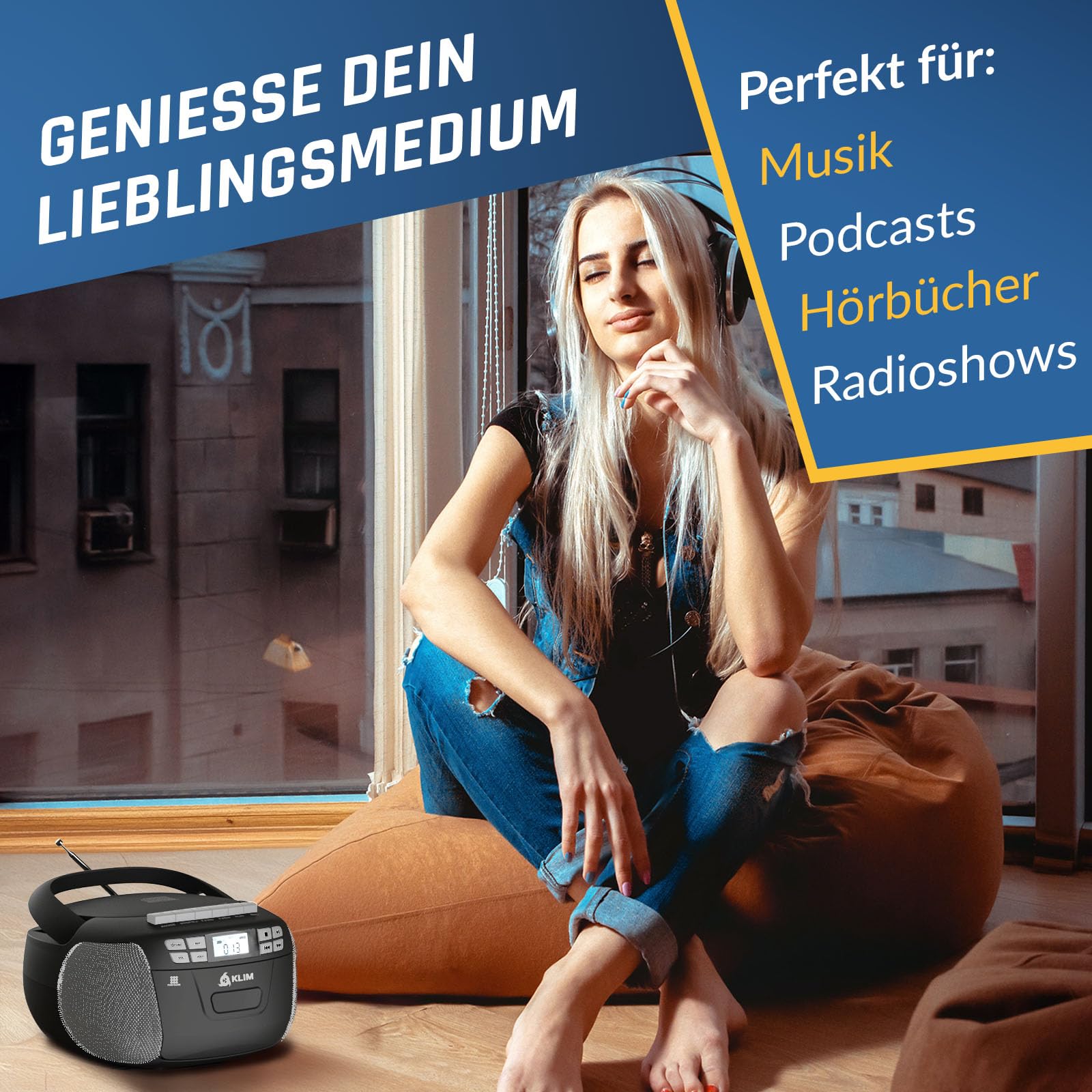 KLIM CD Player mit Kassette, Kassettenspieler, Kassettenrekorder, AM/FM Radio & USB, Bluetooth CD-Player, Netz- und Batteriebetrieb - Silber