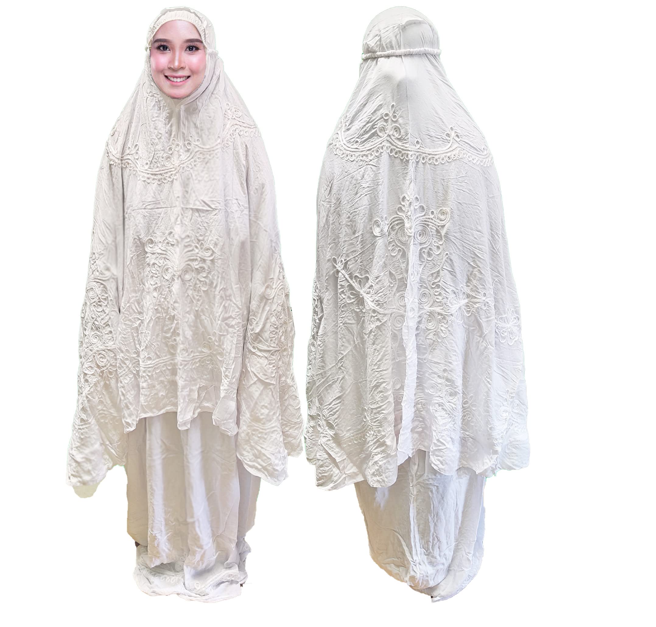 Desert Dress Women's White 2 Piece Embroidered Muslim Prayer Long Hijab Khimar Umrah Hajj Telekung Skirt