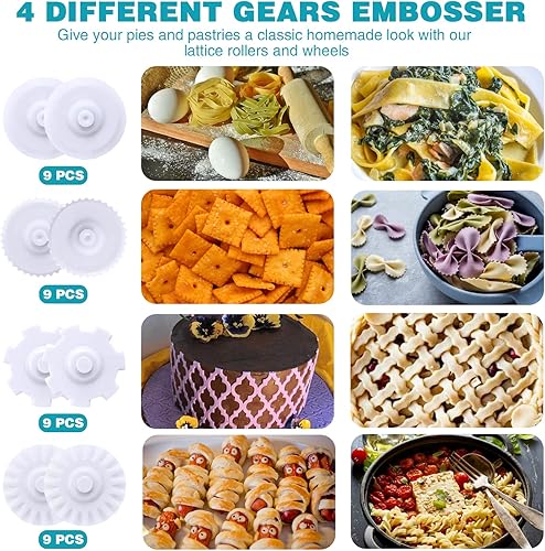 Miniatura 3 de Cortador de celosía para masa de pastelería, rodillo de cinta de fondant con 4 engranajes diferentes, juego de estampado en relieve para el hogar,