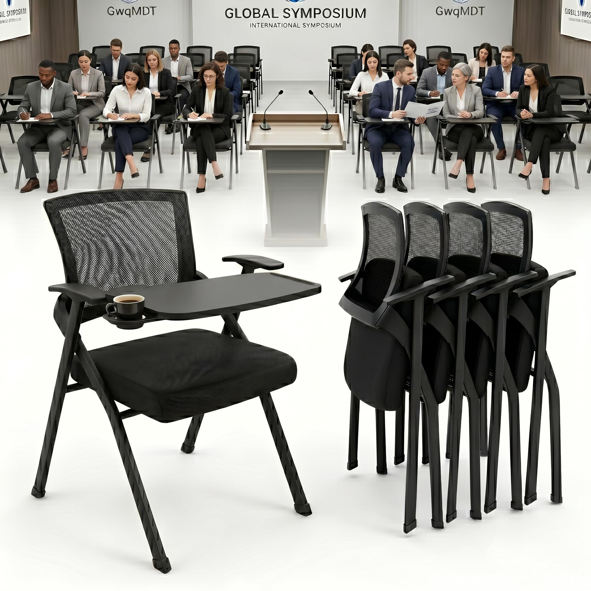 50 Pack Folding Training Chair with Desk Attached,Nesting Conference Chair