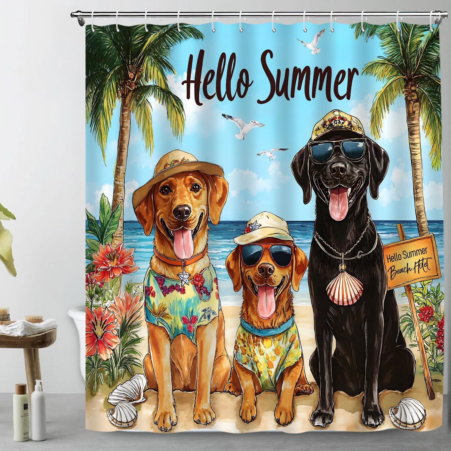 Funny Dog Beach Shower Curtain Summer Ocean Palm Tree Tropical Seaside Hawaii Vacation Bathroom Polyester Fabric Curtains with Hooks 90Wx70H Inch