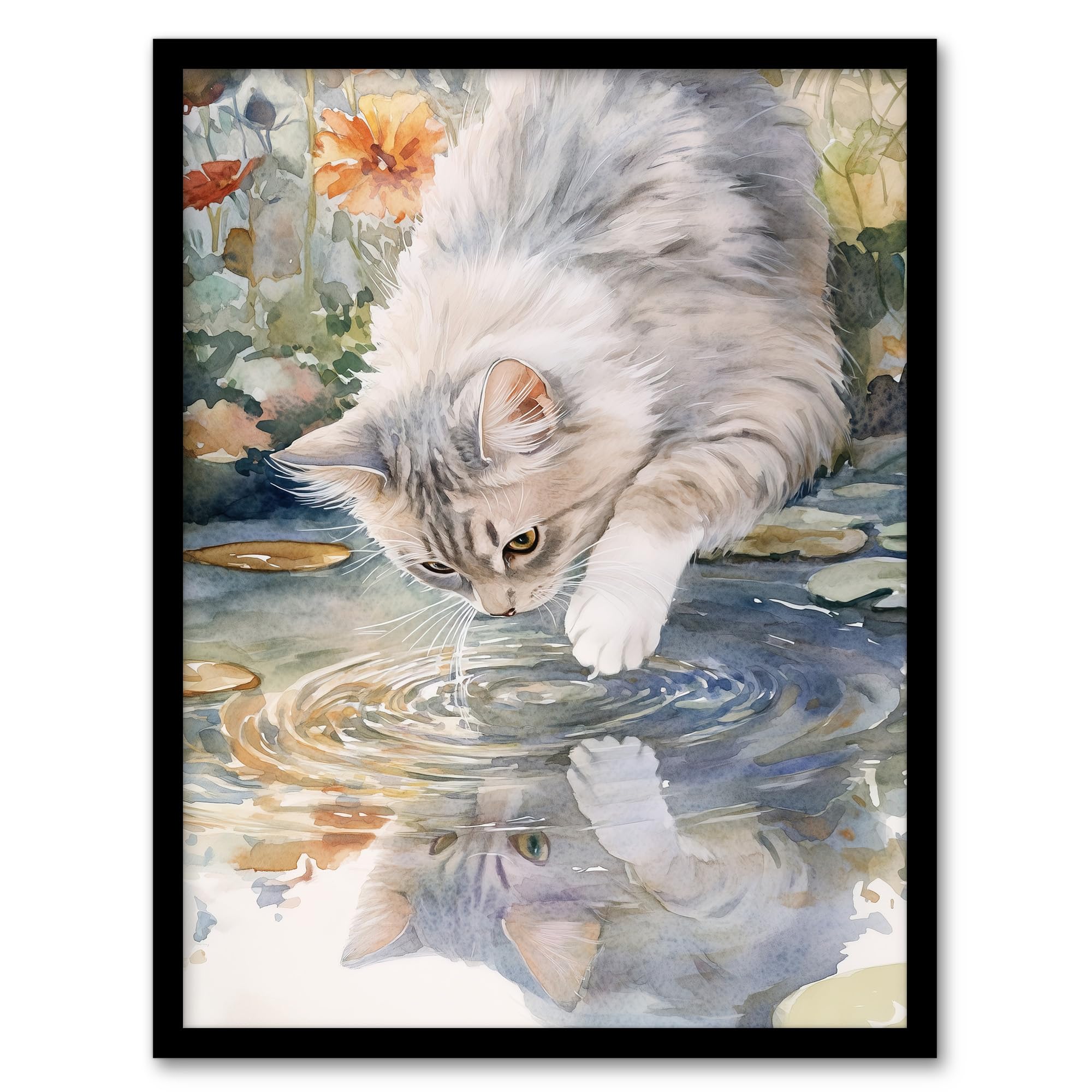 Artery8 Cat Lover Cute Kitten Pond Lake Watercolour Bathroom Toilet Artwork Framed Wall Art Print A4