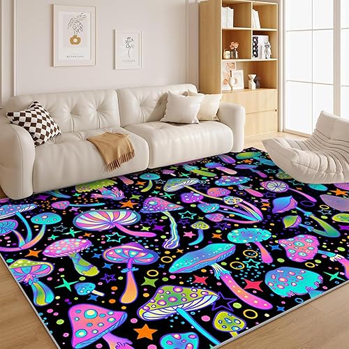 Miniatura 1 de Alfombra hippie de los años 70, alfombra de 5 x 7 pies, alfombra de hongo retro verde morado para dormitorio, estrellas de moda a lunares, lindas