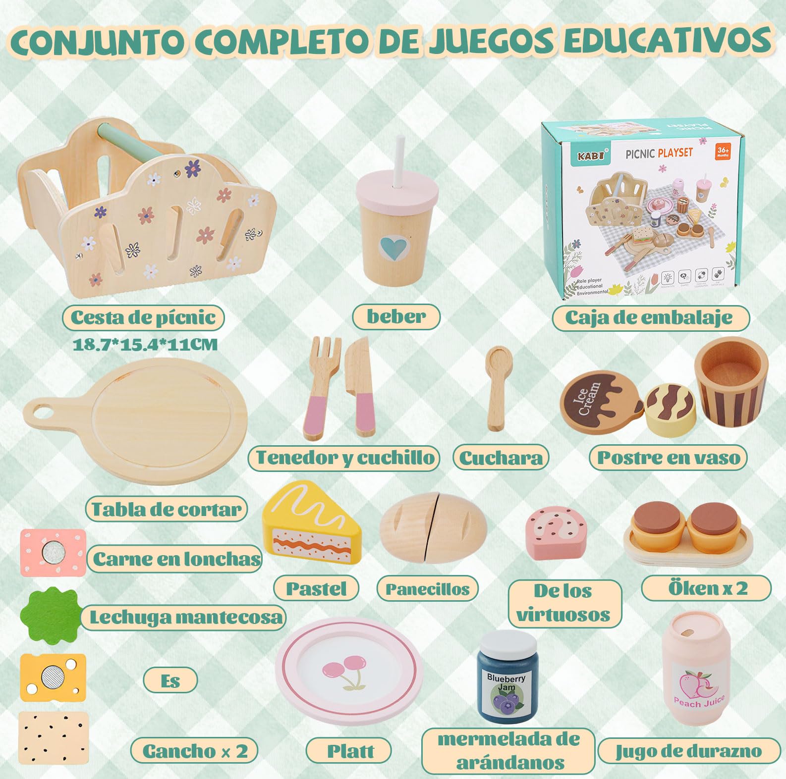 Juego de picnic para niños con juego de té para niños, incluye juguete de postre, juguete de madera y juguetes de jardín al aire libre para niños y niñas
