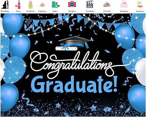 Miniatura 8 de Telón de fondo de graduación de 7 x 5 pies para sesión de fotos, globo negro y morado, felicitaciones de graduados de clase de 2023, felicitaciones,