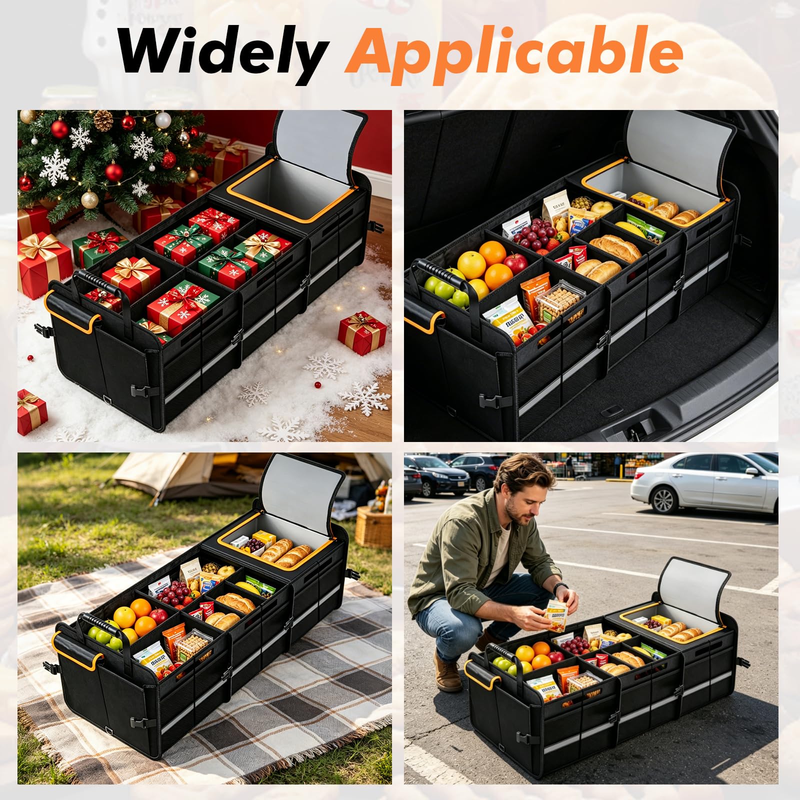 Organizador de maletero XXL con tapa, 126 L, plegable con bolsa térmica de 24 L, caja para maletero reforzada y antideslizante, 6 compartimentos para coche, SUV, autocaravana, camping, 89 x