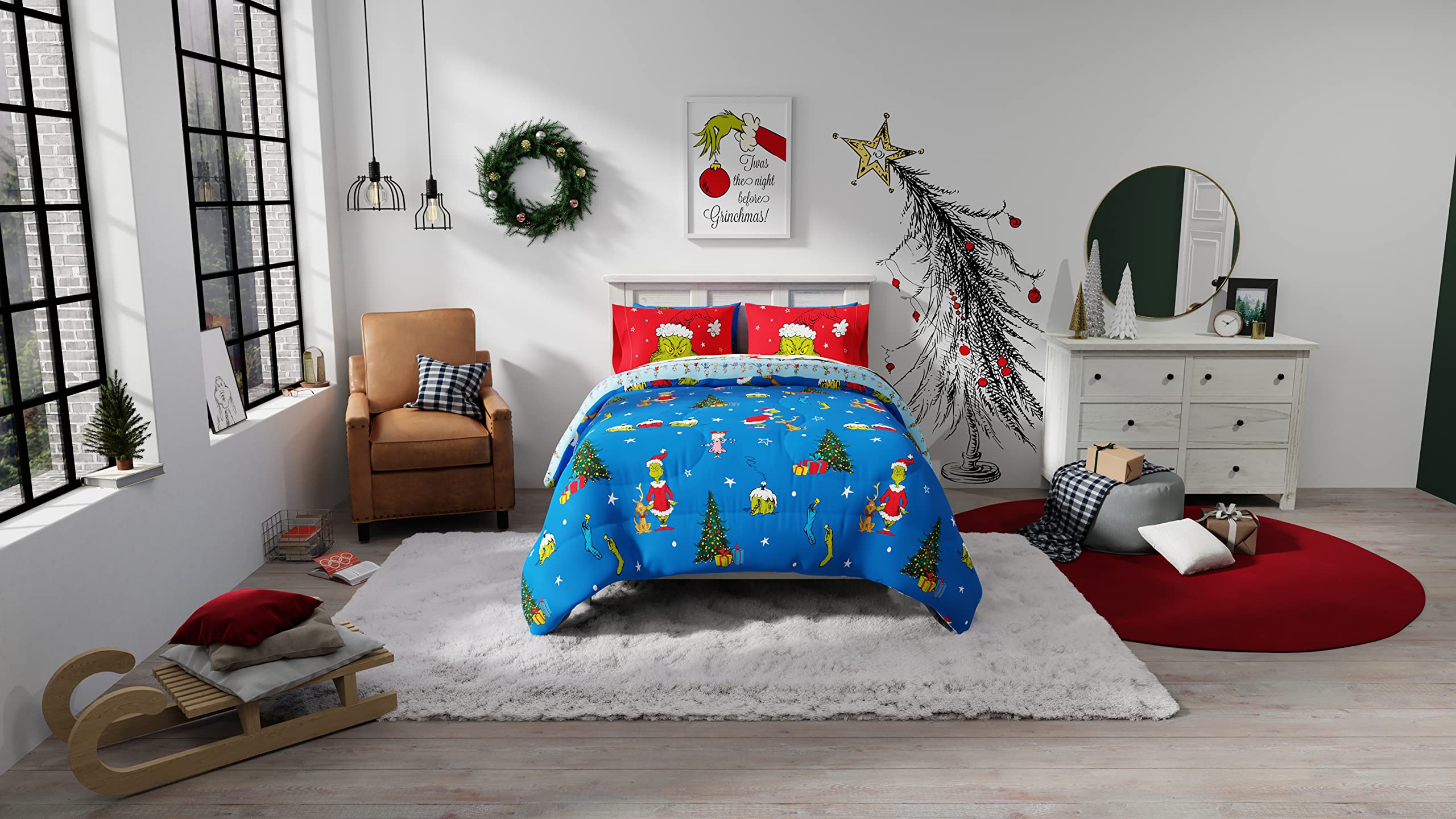 Franco Grinch by Dr. Seuss Holiday & Christmas Bedding Super Soft Comforter and Sheet Set with Sham, 7 Piece Full Size (Official Dr. Seuss Product)